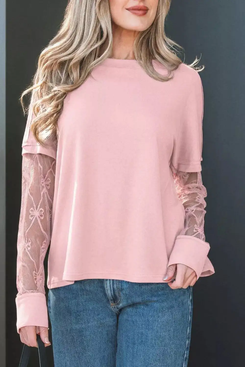 Bow Textured Patchwork Long Sleeve Tee