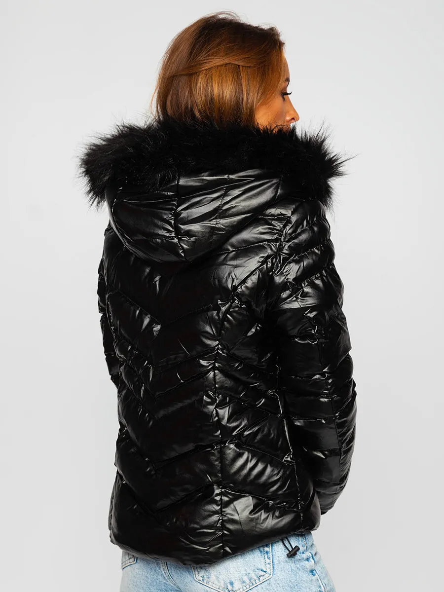women's black quilted winter jacket with hood