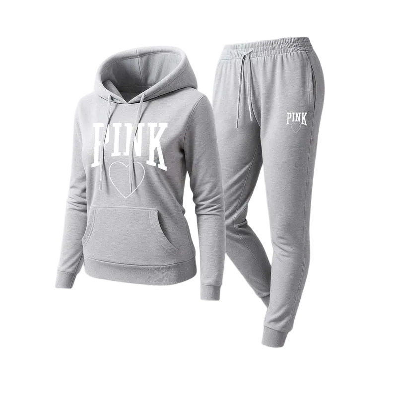 Women's Pink Heart Print Hair And Sunglasses Hoodie And Drawstring Track Pants Set
