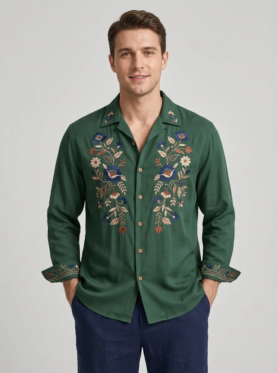 Men's Floral Contemporary Embroidered Long Sleeve Shirt