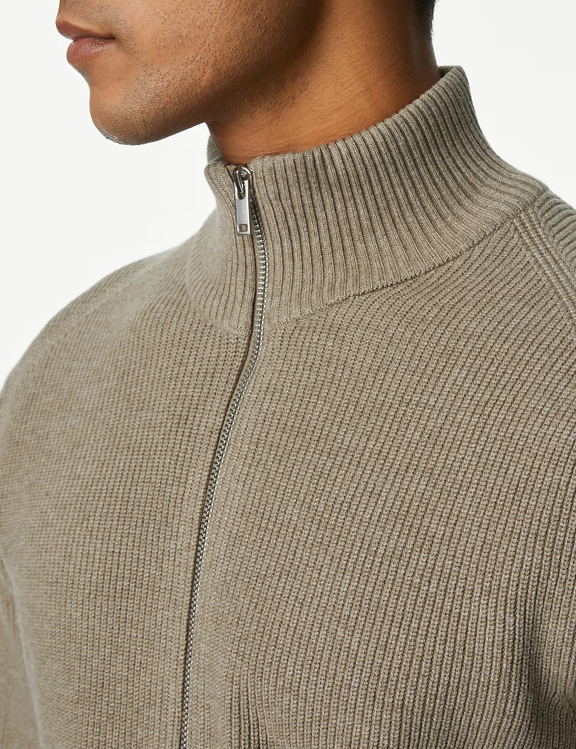 Men's Beige Cotton Blend Funnel Neck Zip Jumper