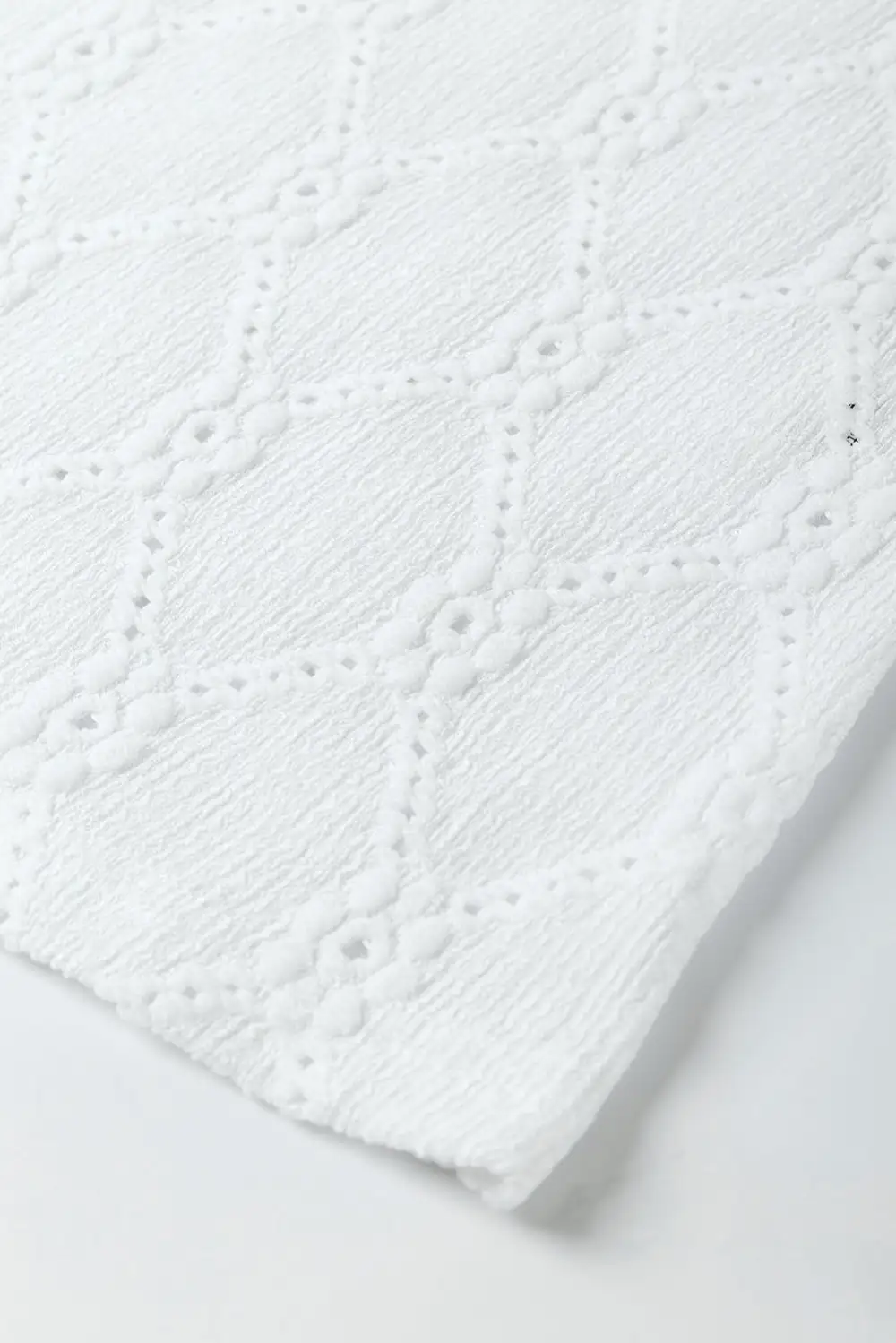 White Flower Geometric Textured Button Short Sleeve Top