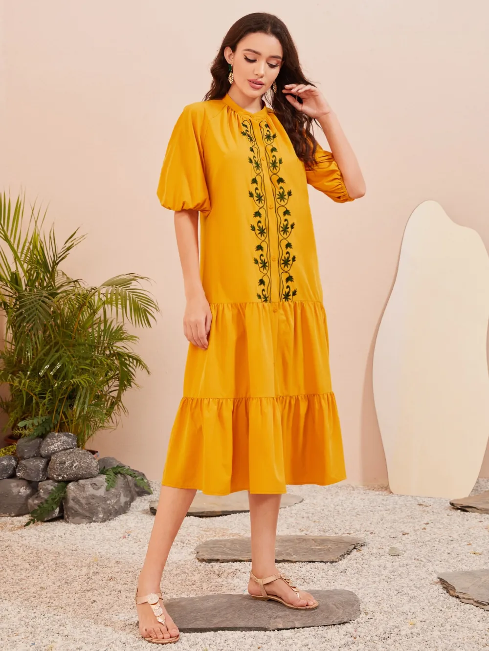 Floral Embroidery Lantern Sleeve Ruffle Hem Dress