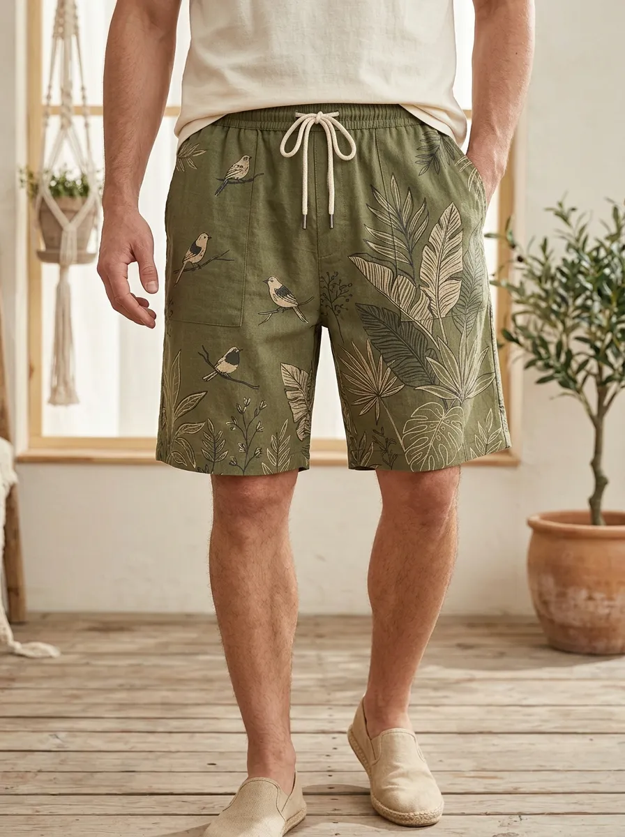 Men's Tropical Bird And Leaf Botanical Drawstring Shorts