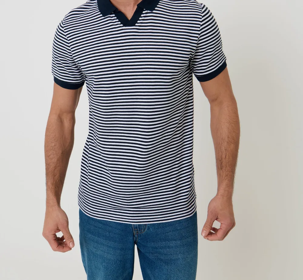 Men's Navy & White Stripe Open-Collar Polo Shirt
