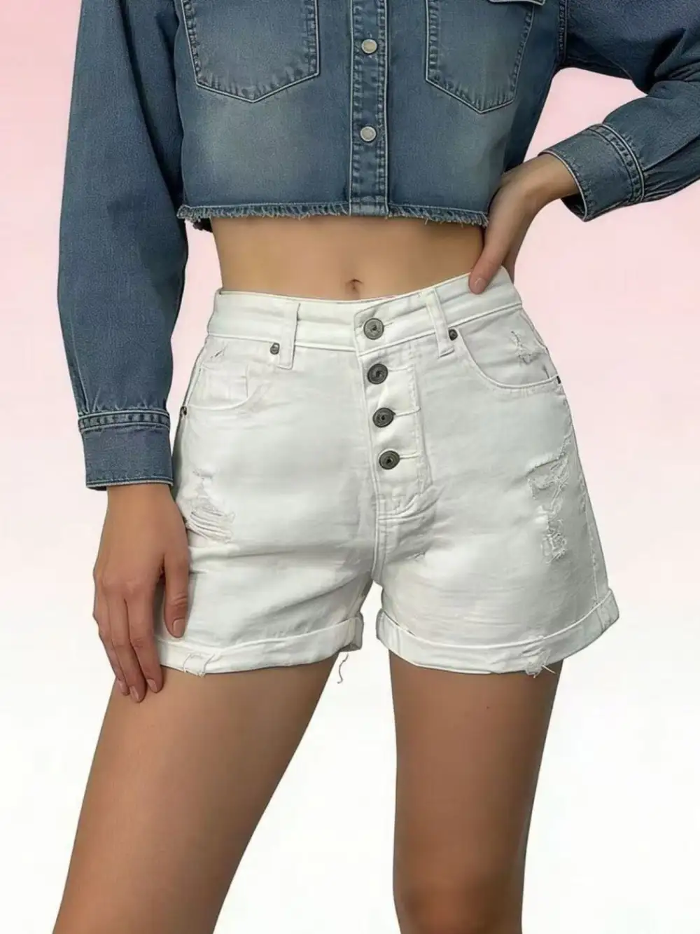 Casual Buttoned Raw Hem Distressed High Waist Shorts