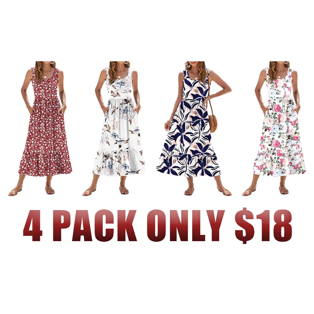Women's Square Neck Sleeveless Floral Tiered Maxi Dress With Pockets