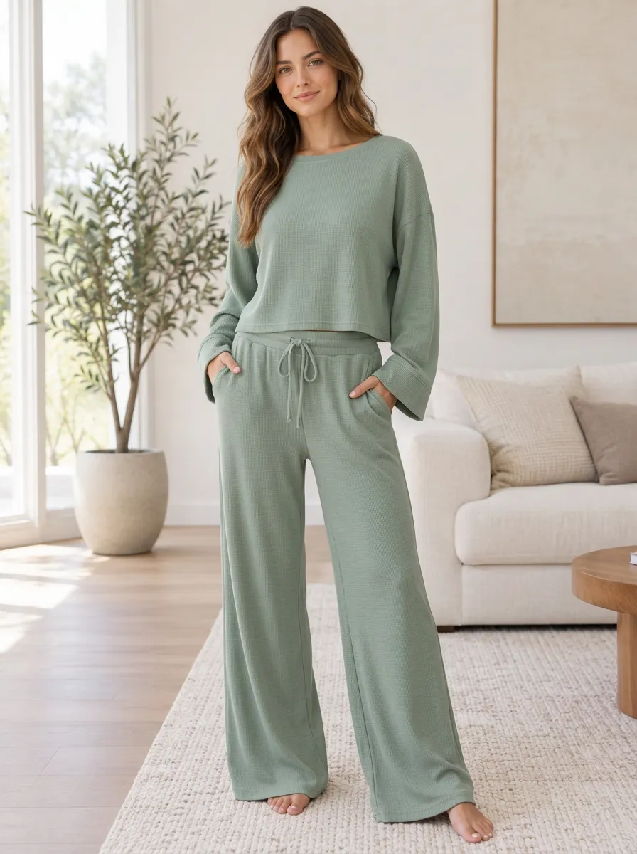 Women's Casual Homewear Waffle Knit Wide Leg Relaxed Set