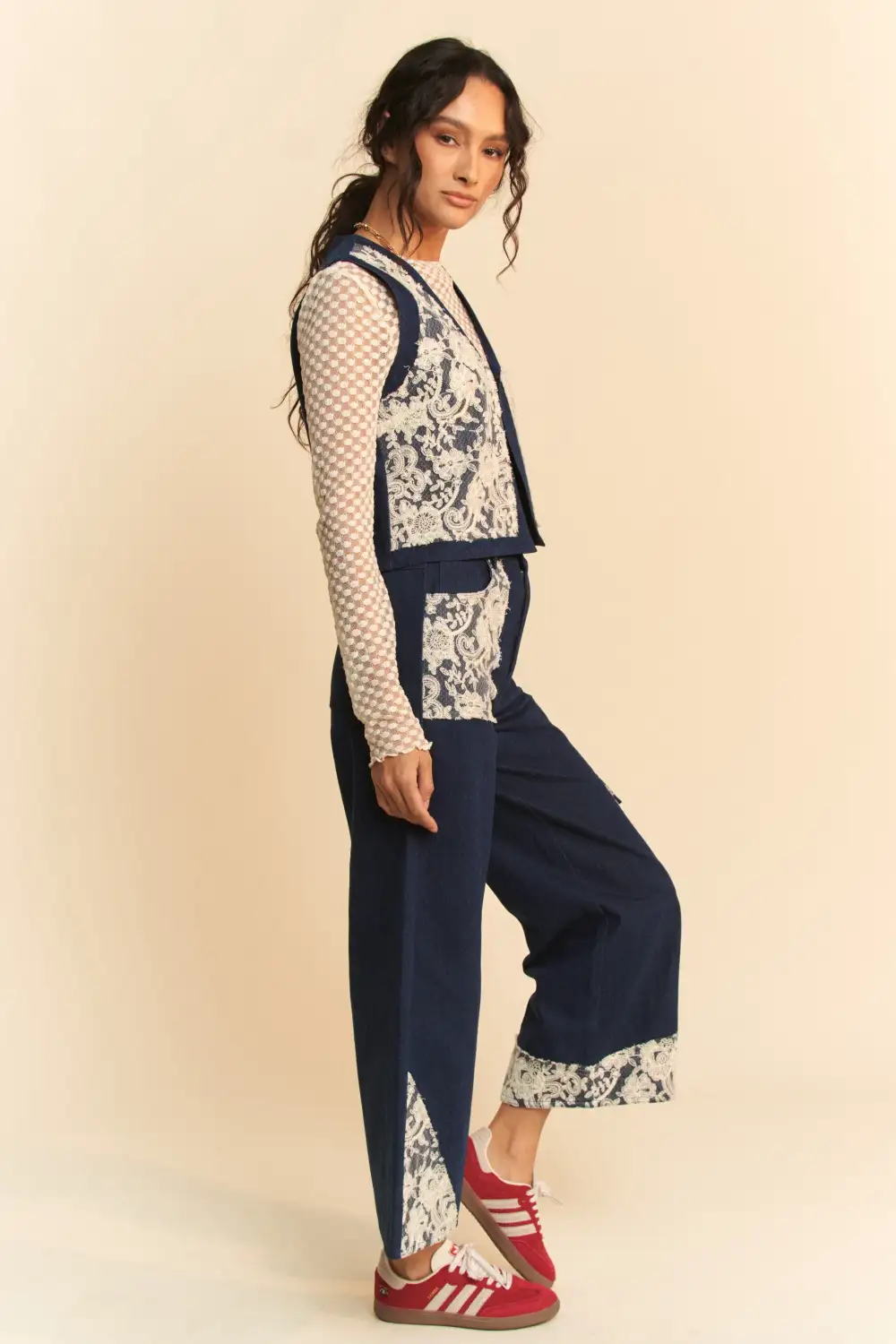 Lace Applique Wide Leg Detail Denim Jeans