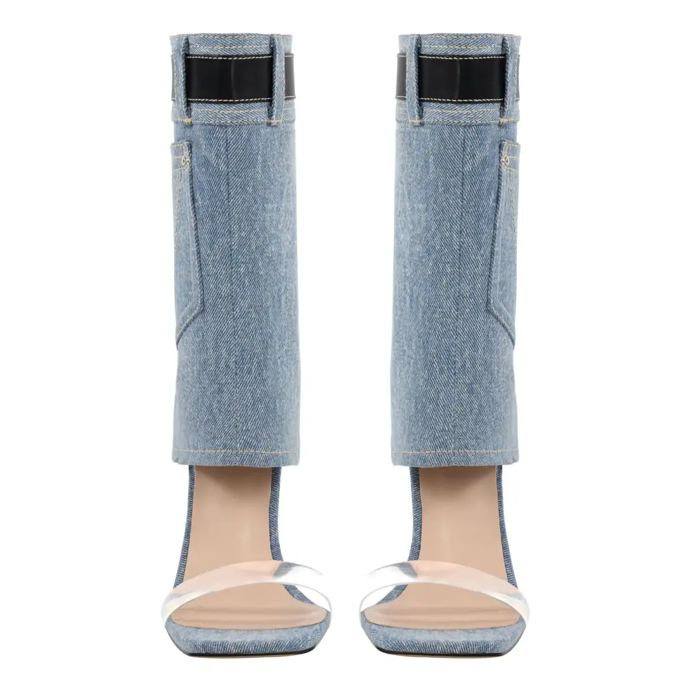 Denim Square Toe Stiletto Ankle Sandals