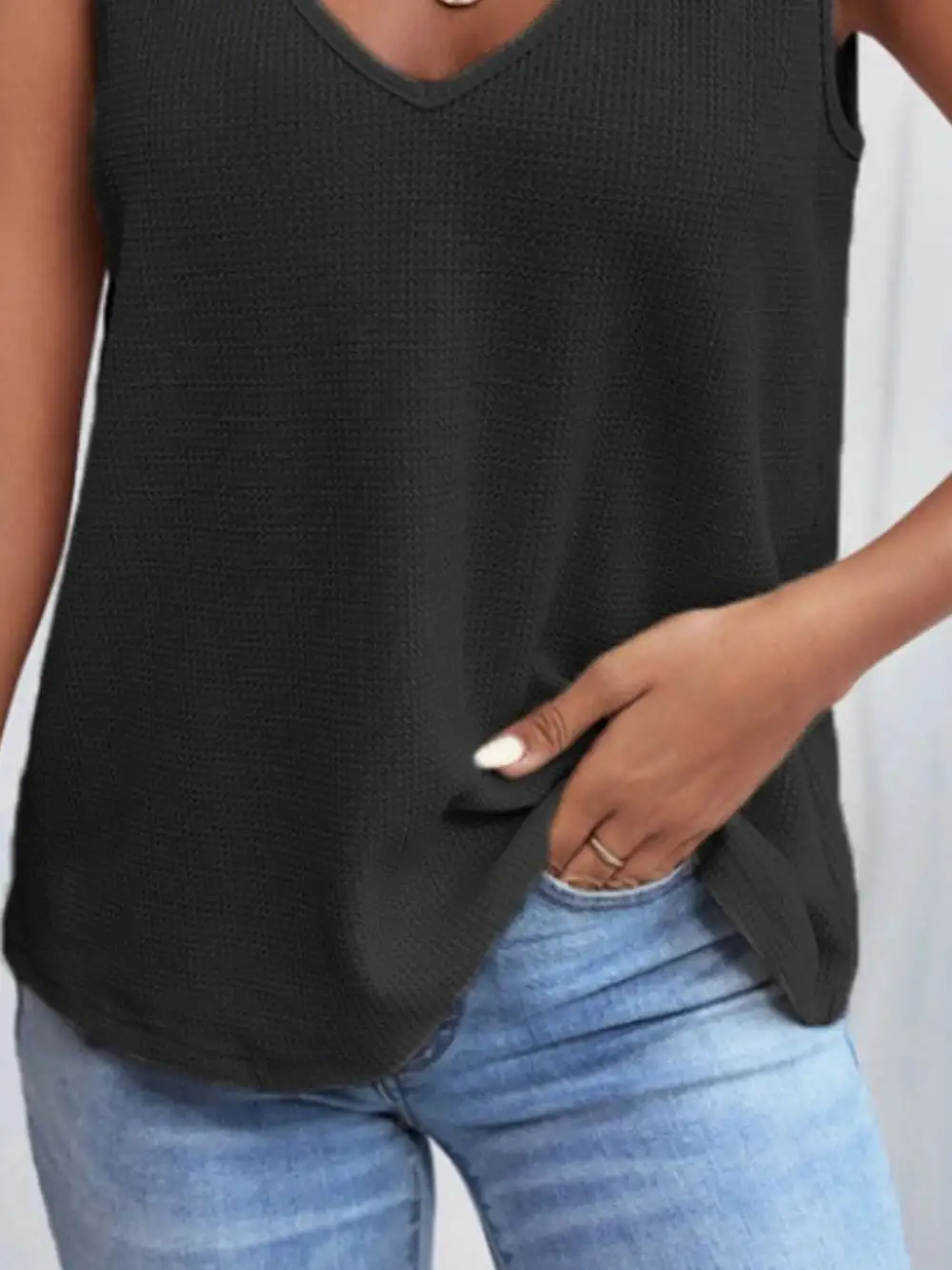 Full Size Lace Trim V Neck Waffle