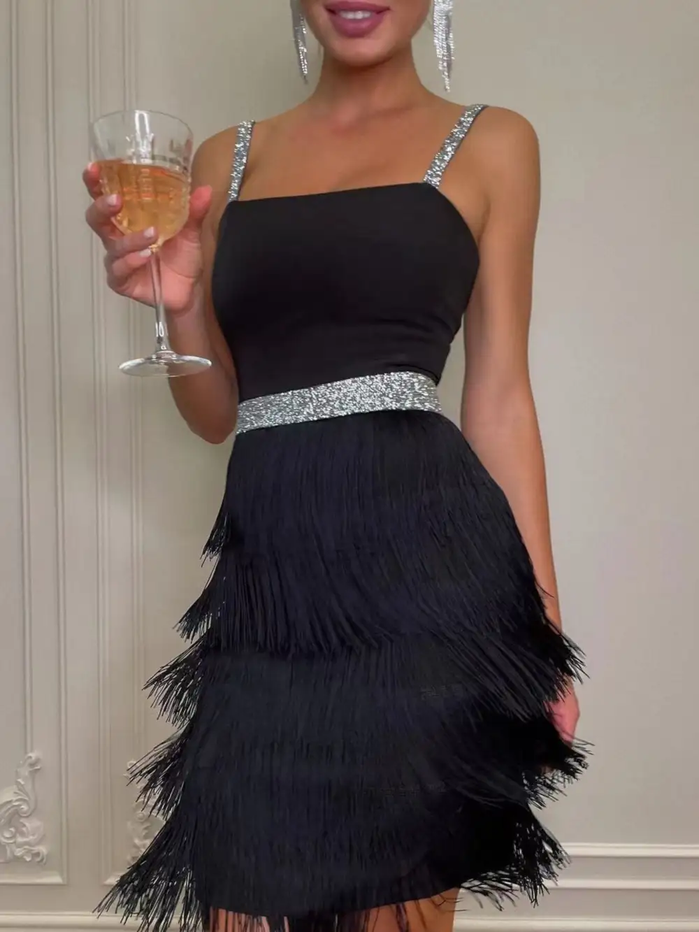 Gathered Detail Fringe Mini Dress