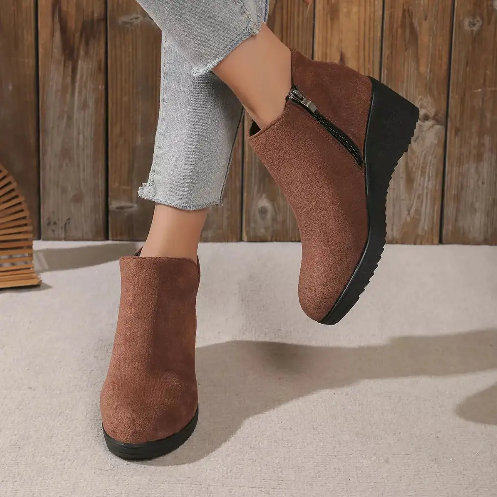 Textured Round Toe Wedge Ankle Boots