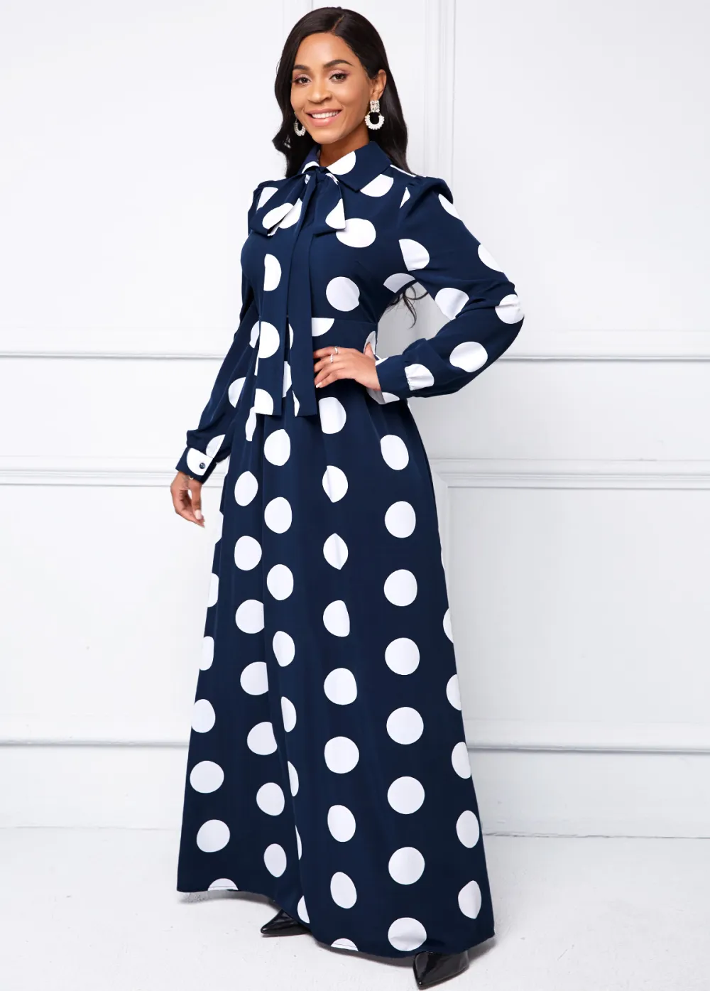 Long Sleeve Turndown Collar Polka Dot Dress