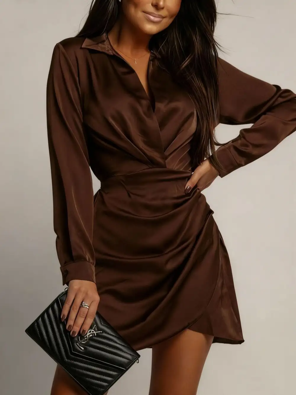 Satin Long Sleeve Collared Dress Casual