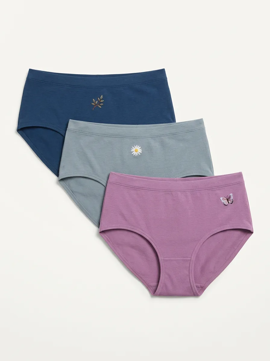 Women's Mid-Rise Side-Detail Butterfly Floral Embroidered Briefs Three Pack