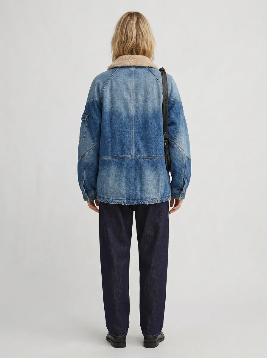 Women's Western Desert Cactus Embroidered Sherpa Collar Denim Jacket