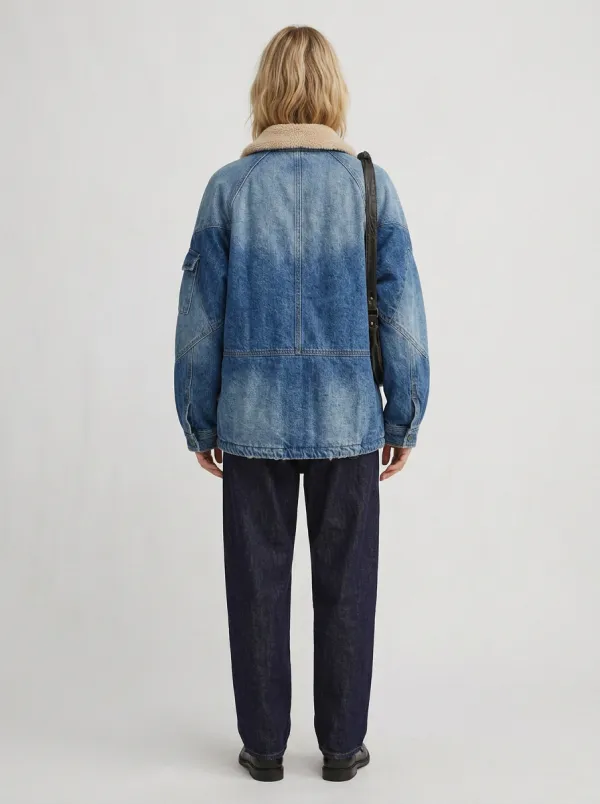 Women's Western Desert Cactus Embroidered Sherpa Collar Denim Jacket