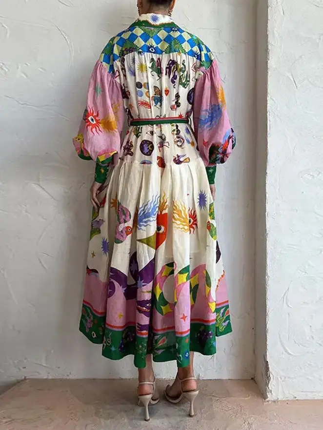 And Beautiful Retro Print Long Sleeve Midi Dress