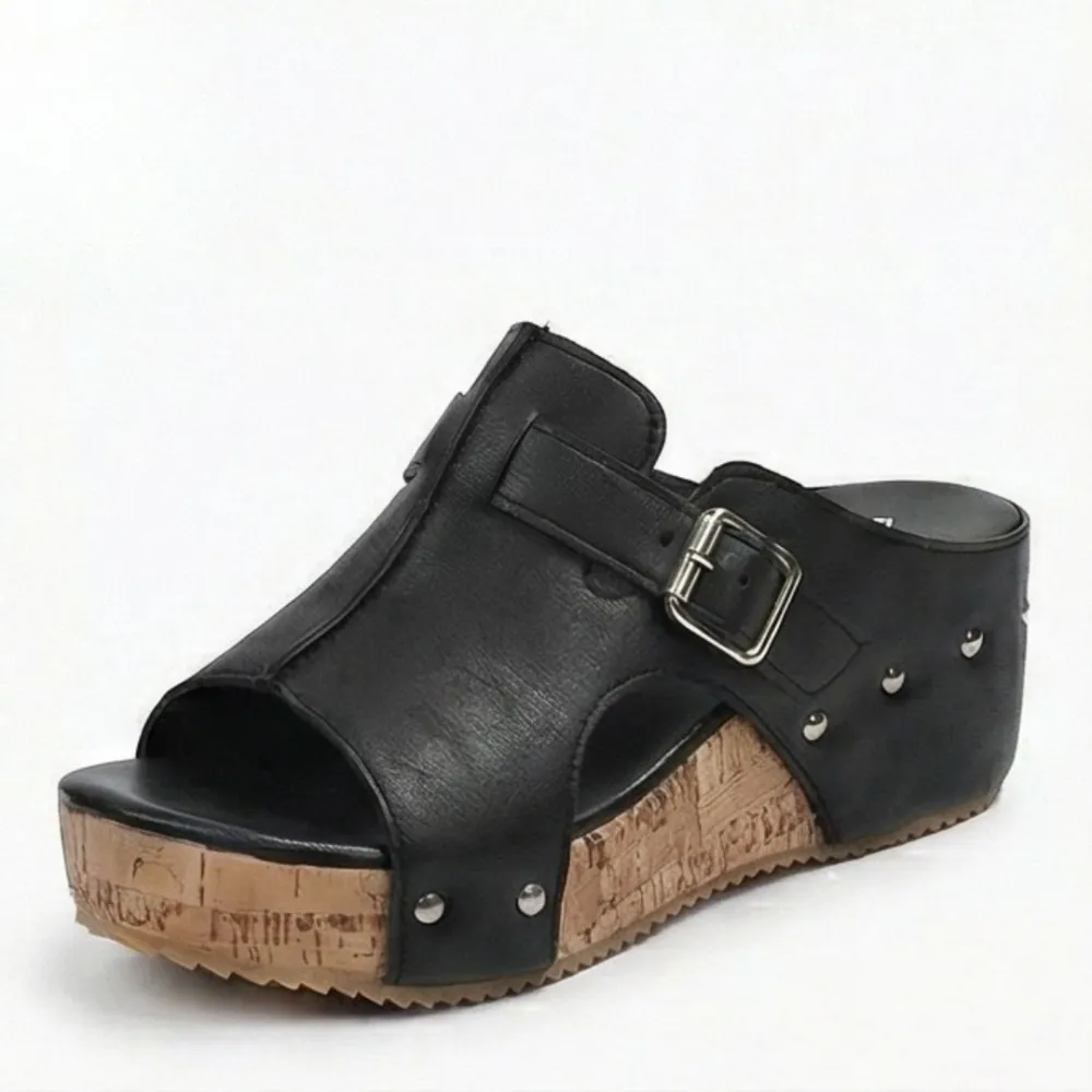 Retro Cork Wedge Sandals with Rivet Detail