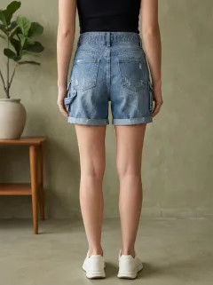 Women's Classic High-Waisted Distressed Cargo Denim Shorts