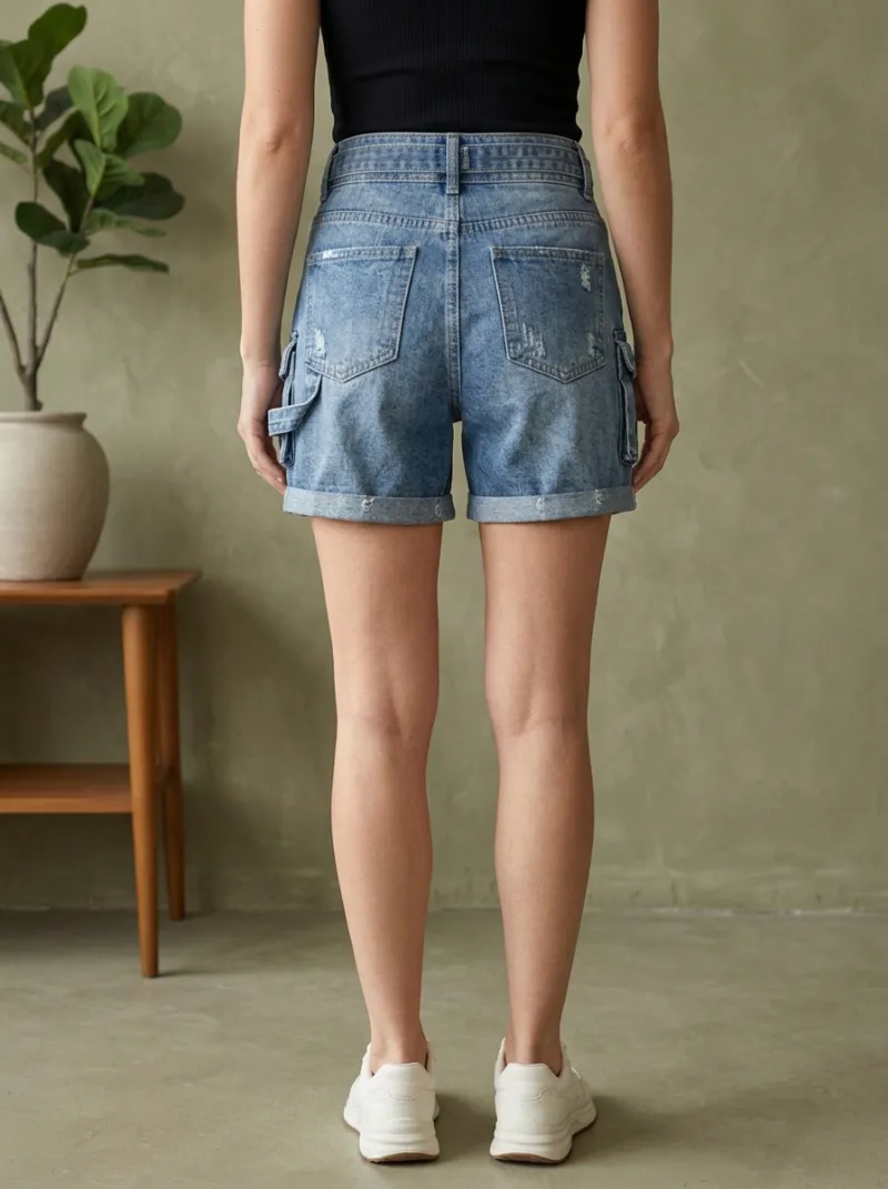 Women's Classic High-Waisted Distressed Cargo Denim Shorts