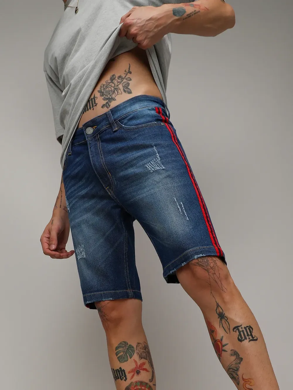 Casual Style Striped Denim Shorts