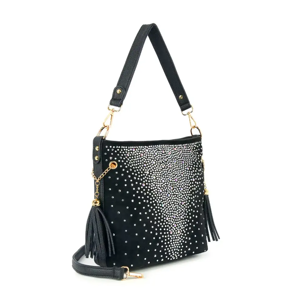 Streamlined Detail Crystal Accent Tassel Accent Chain Accent Faux Leather Crossbody Bag