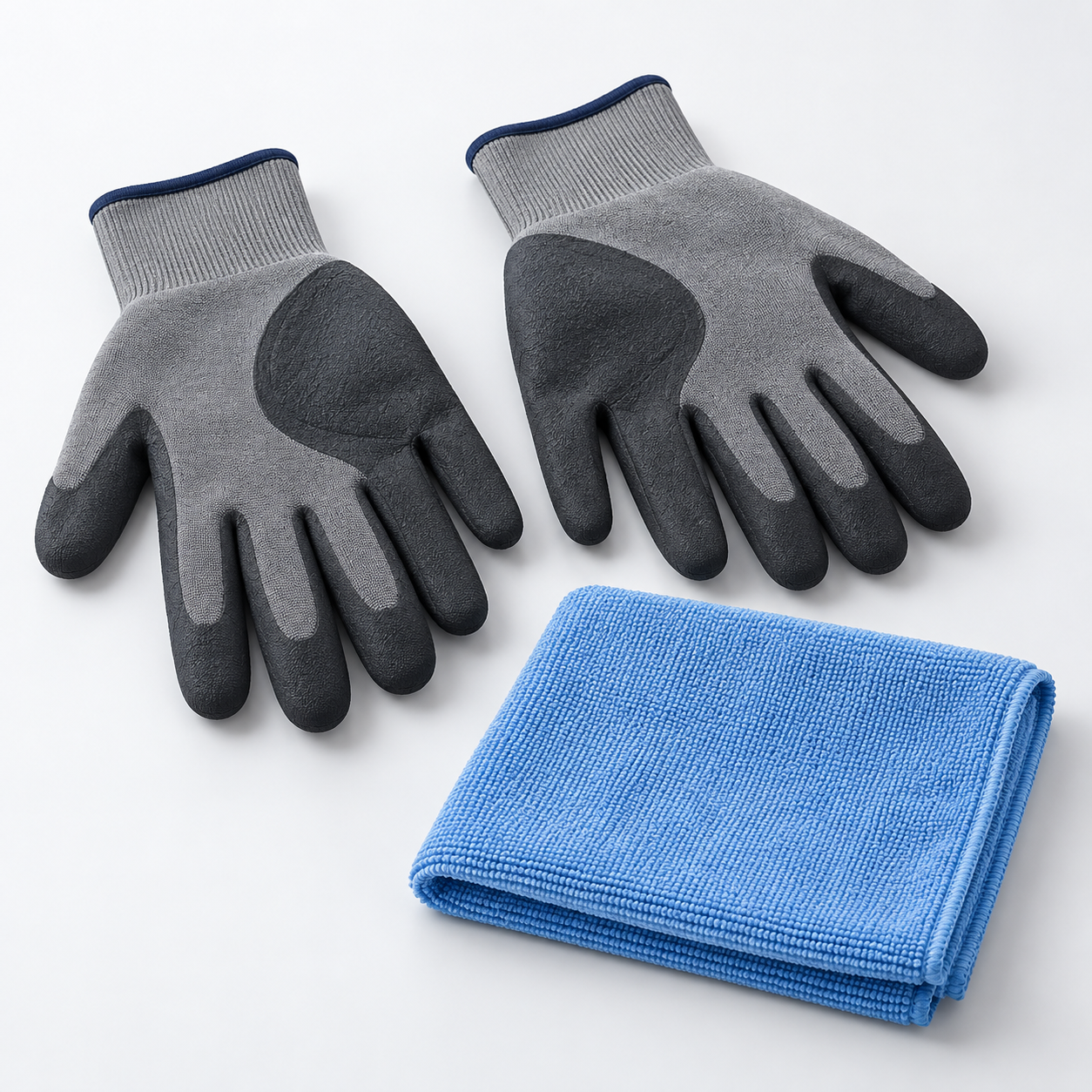 Illustration of the free gift set: one pair of work gloves and one microfiber cloth per tool in 2-, 3- and 4-tool packs