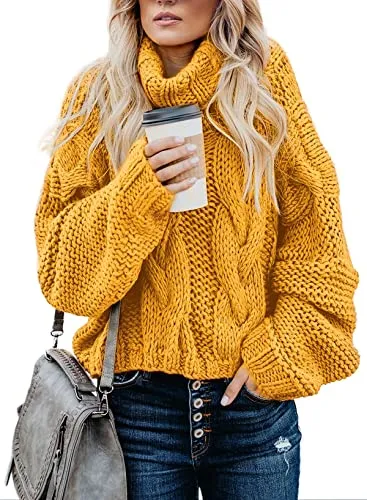 Women's 2025 Turtleneck Balloon Long Sleeve Casual Loose Chunky Cable Knit Pullover Sweater Outerwear
