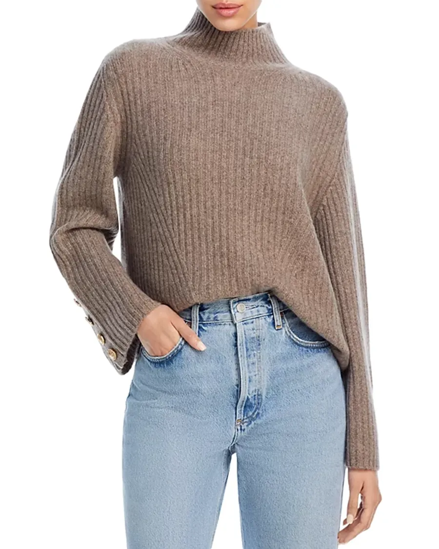 Cashmere Rib Knit Bell Sleeve Turtleneck Sweater