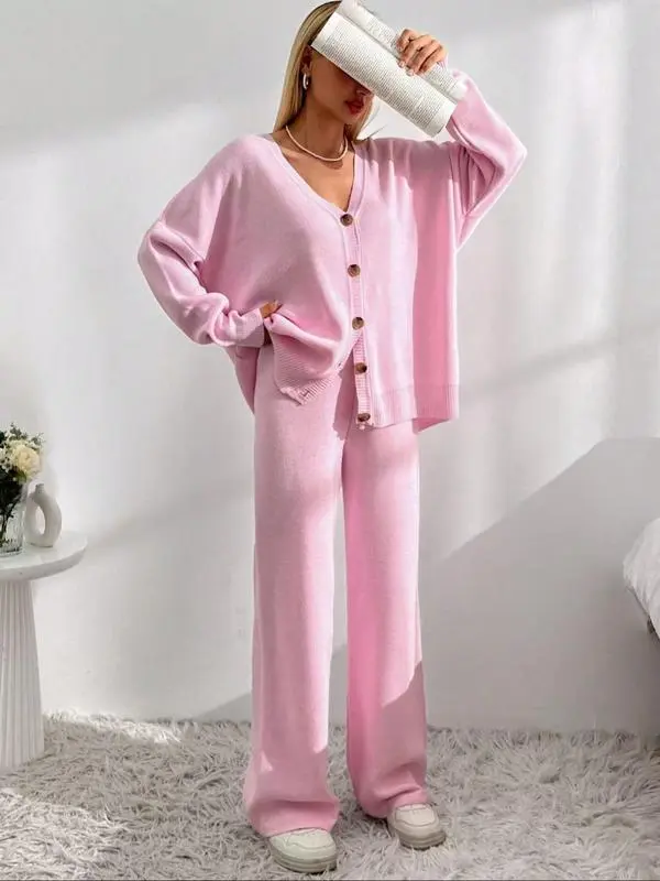 Women's Front Drop Shoulder V Neck Cardigan & Elastic Waist Wide Leg Pants Two-piece Set
