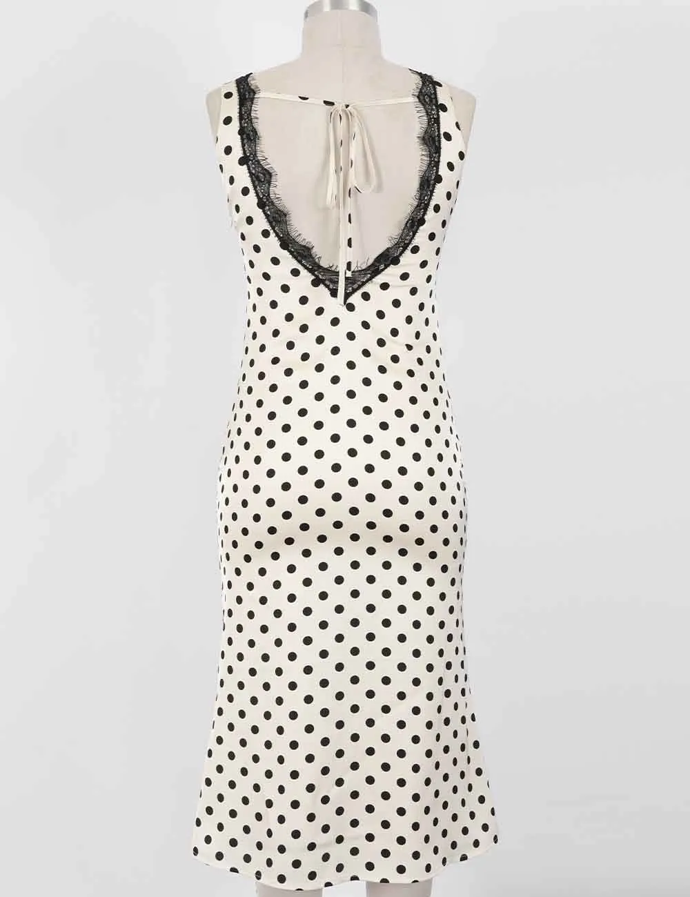 Chic Polka Dot Lace Trim V Neck Sleeveless Midi Dress