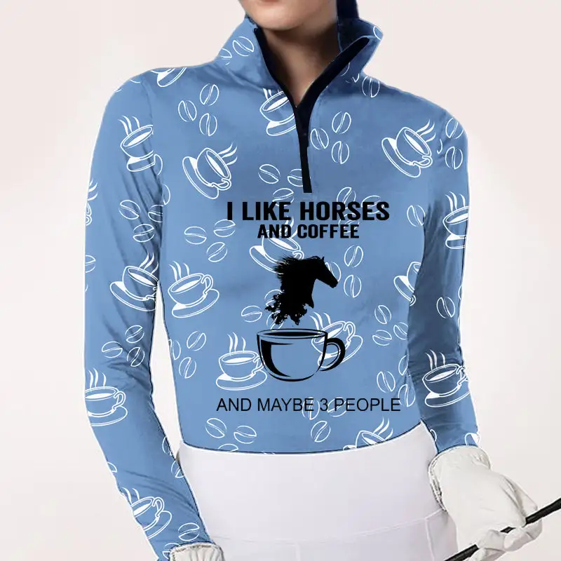 Women's Riding Style Horse And Coffee Print Long Sleeve Casual Shirt