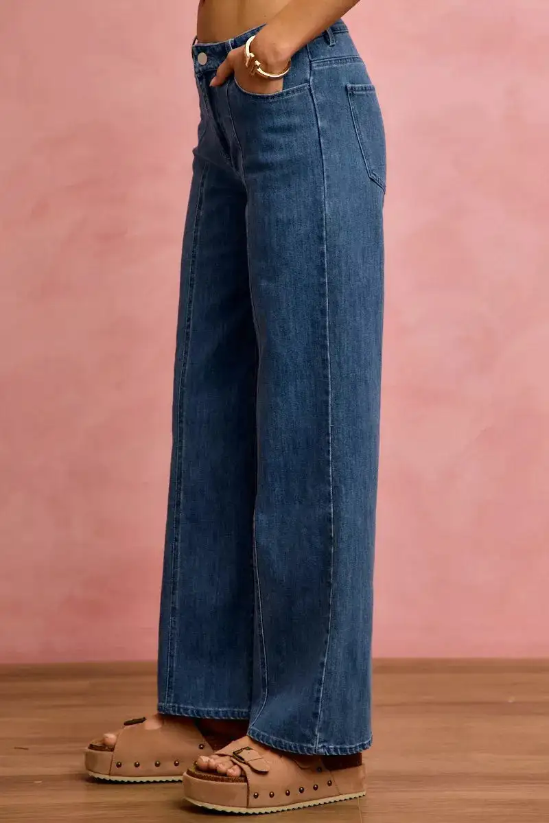 Mid Rise Seam Detail Stretch Denim Jeans