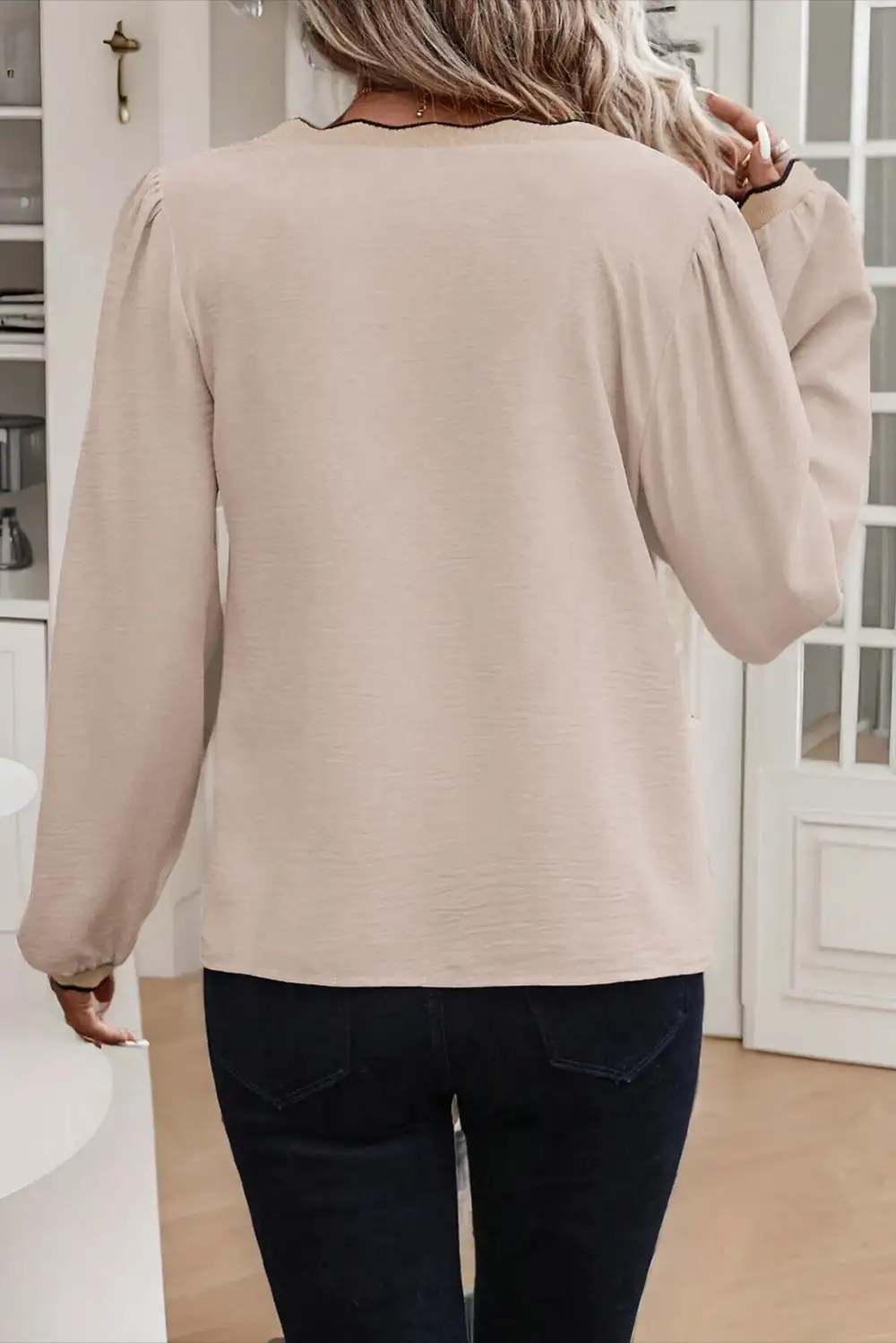 Textured Patchwork V-Neck Blouse