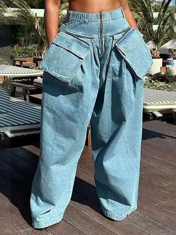 Relaxed Fit Wide Leg Seamed Pleated Zip Detail Pocket Jeans