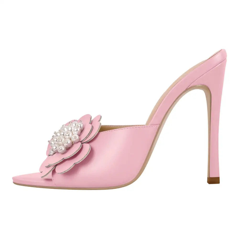 Pearl Flower Pointed Toe Stiletto Mule Sandals