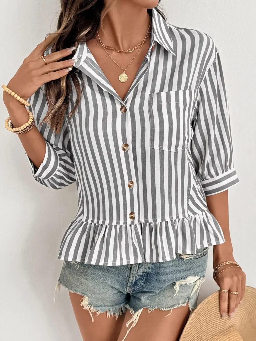 Striped Ruffle Hem Button Down Shirt