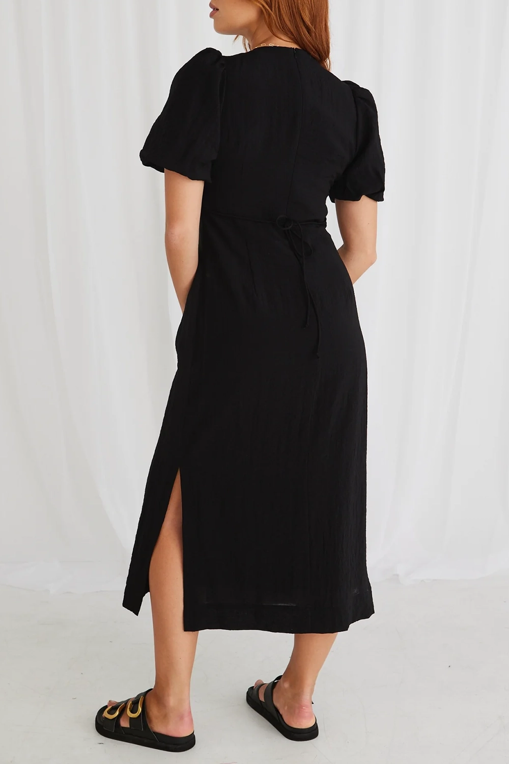 Black Puff - Sleeve Tie - Waist Maxi Dress