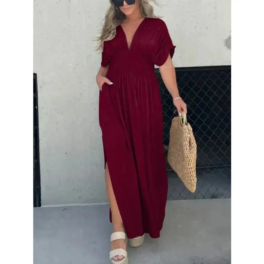 Full Size Deep V Neck Maxi Dress with Side Slit Plus Size