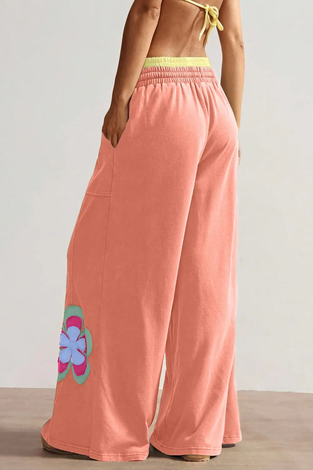Flower Patchwork Drawstring Contrasted Elastic Rise Wide Leg Pants