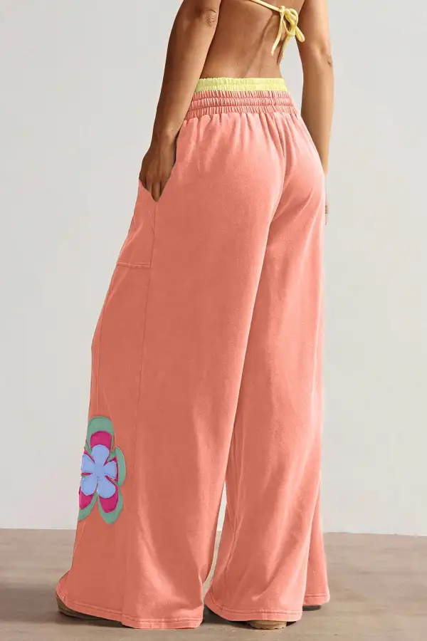 Flower Patchwork Drawstring Contrasted Elastic Rise Wide Leg Pants
