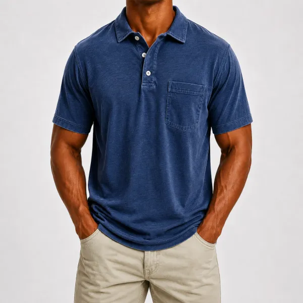 Men's Washed Cotton Blend Pocket Polo Shirt, Lightweight Breathable 3-Button Relaxed Fit