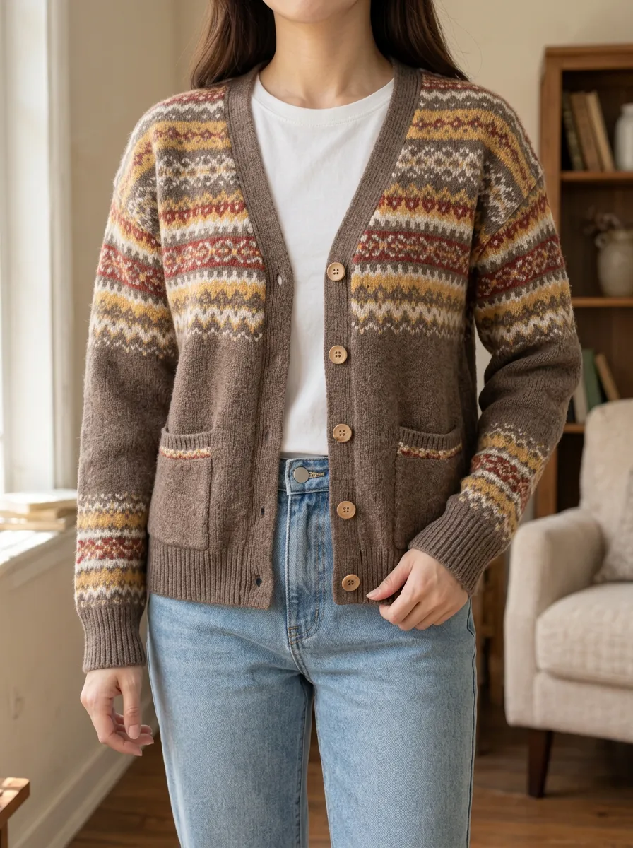 Women's Vintage Fair Isle Pattern Printed Textured Knit Classic Layering Cardigan