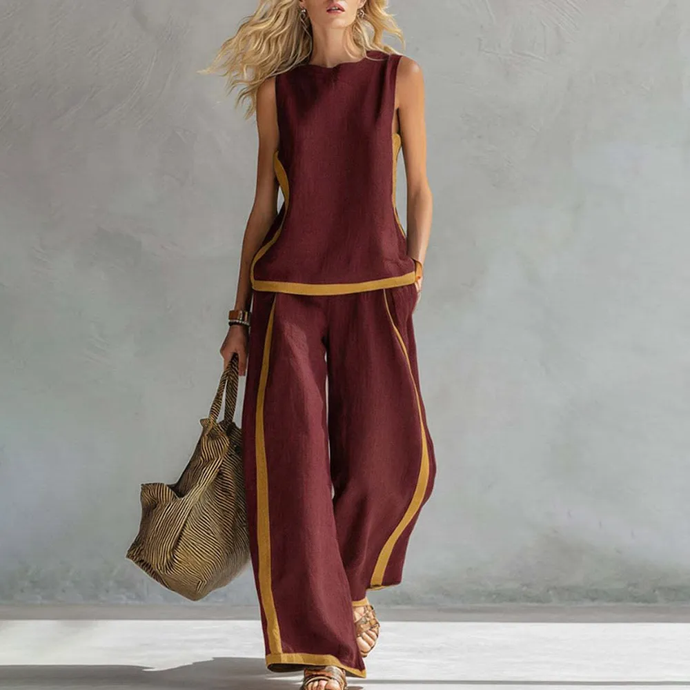 Linen Blend 2-Piece Set for Women Sleeveless Color Block Top Wide Leg Pants Set