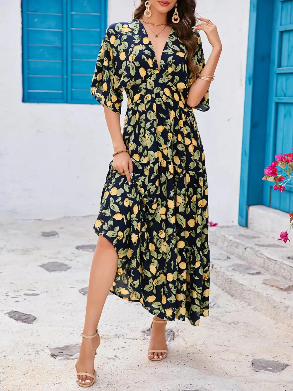 V-Neck Ruffle Hem Flowy Midi Dress