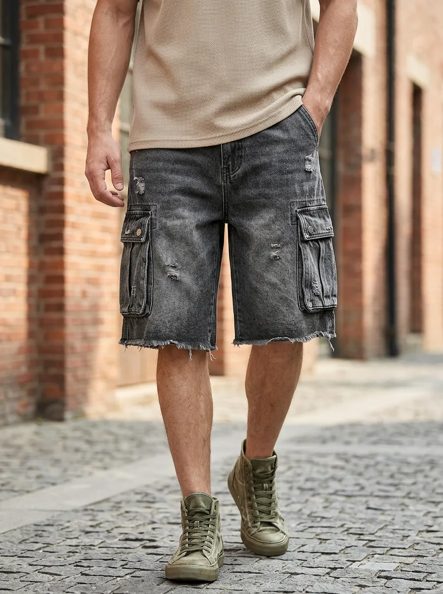 Men's Five Pocket Pocket Washed Cargo Denim Shorts