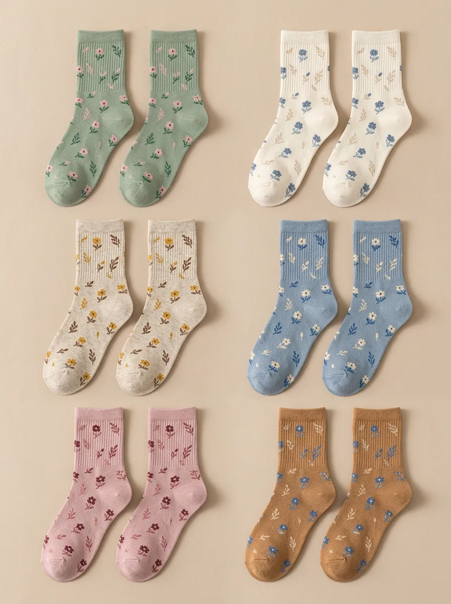 Women's 6-Pair Small Floral Leaf Crew Sock Set