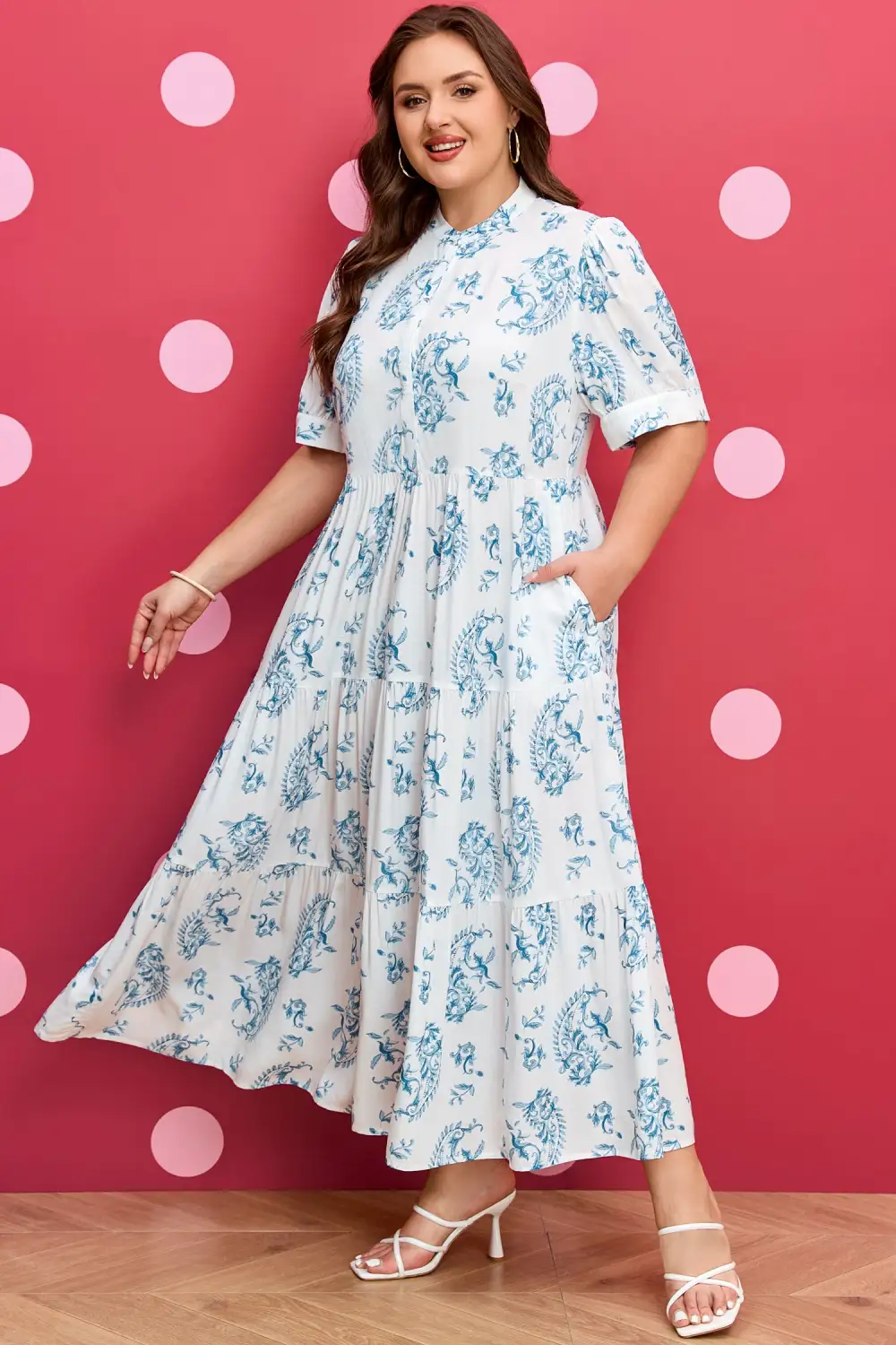 Floral Geometric Print Split Neck Maxi Dress